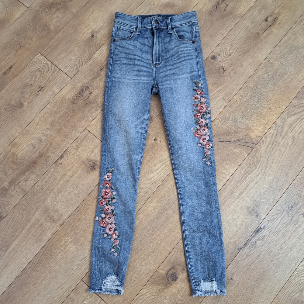Abercrombie and Fitch Simone High Rise Ankle Jeans with Floral Embroidery